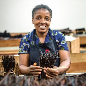 An elderly woman ties vanilla beans together.