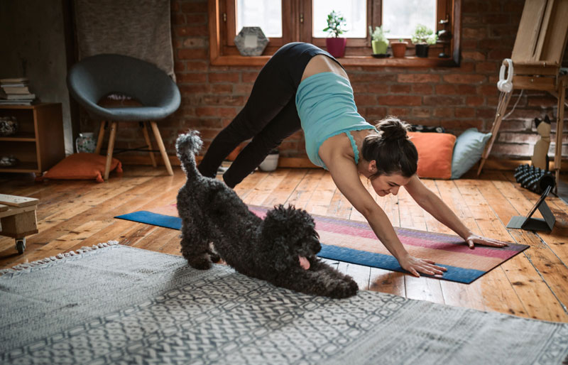 A young woman is doing yoga with her dog in her living room.