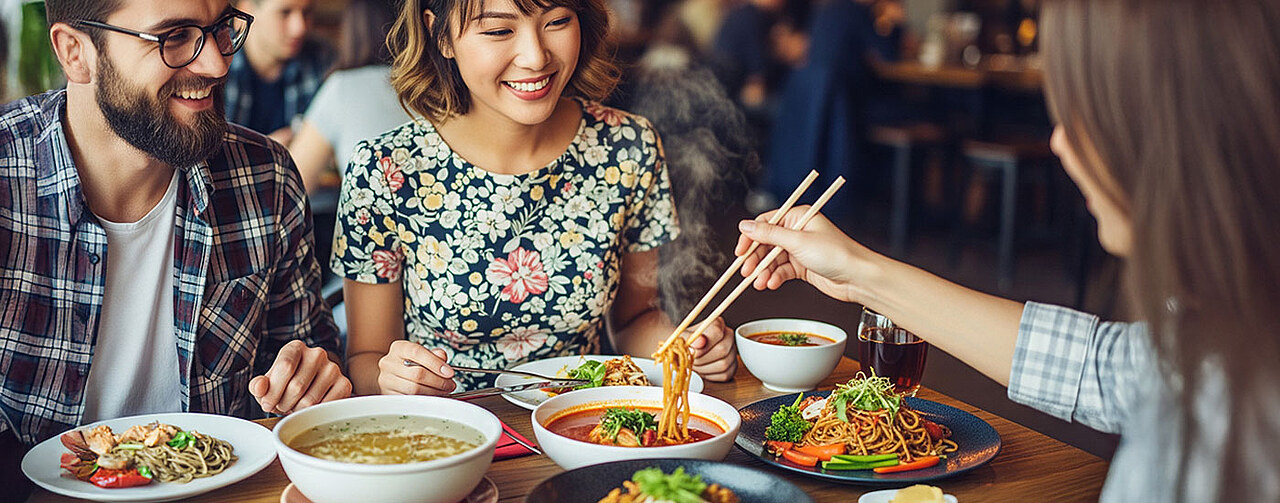 Couple eating various culinary dishes 