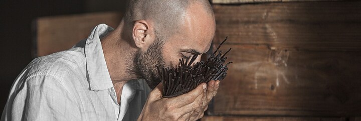 Man smelling vanilla beans in his hands