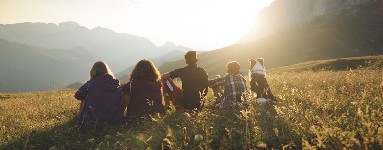 Four children and a dog are sitting in the mountains and looking at the horizon