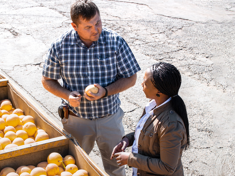 2 people talking about fruit quality