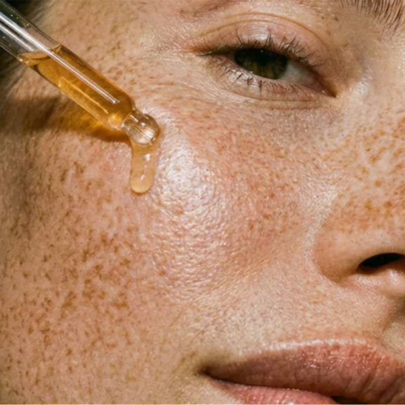 Woman applies serum to face skin