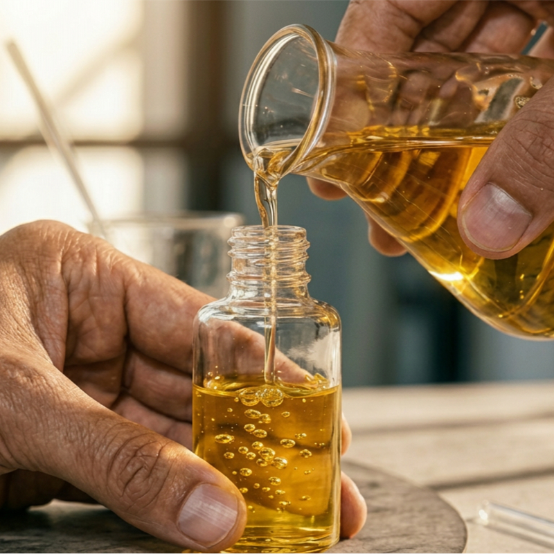 Pouring liquid from one bottle into another